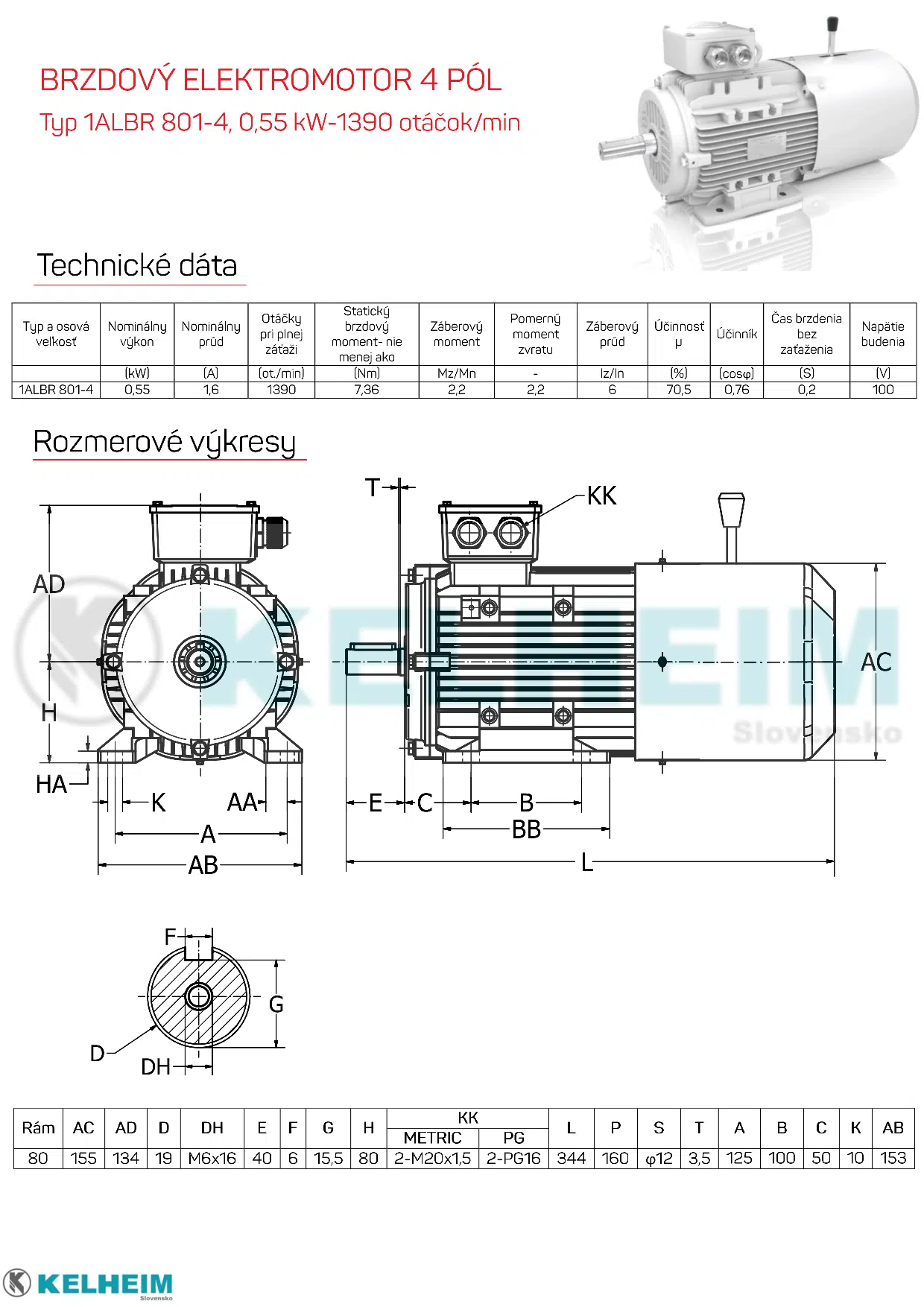 rozmerový výkres elektromotor s brzdou 0,55kw