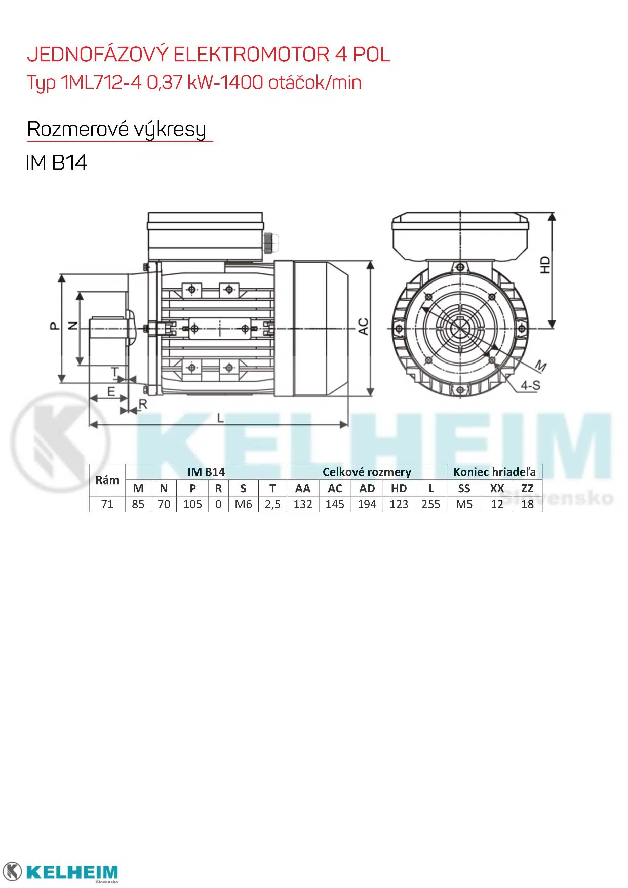 rozmerový výkres - jednofázový elektromotor 0,37kw ML712-4