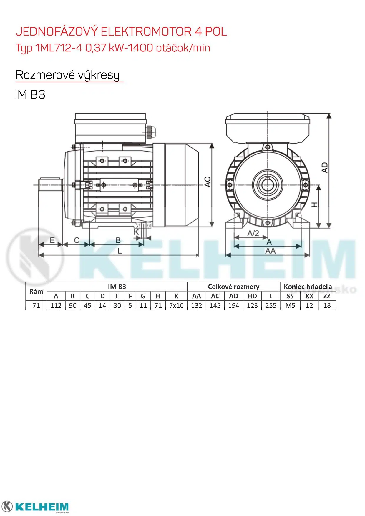 rozmerový výkres - jednofázový elektromotor 0,37kw ML712-4