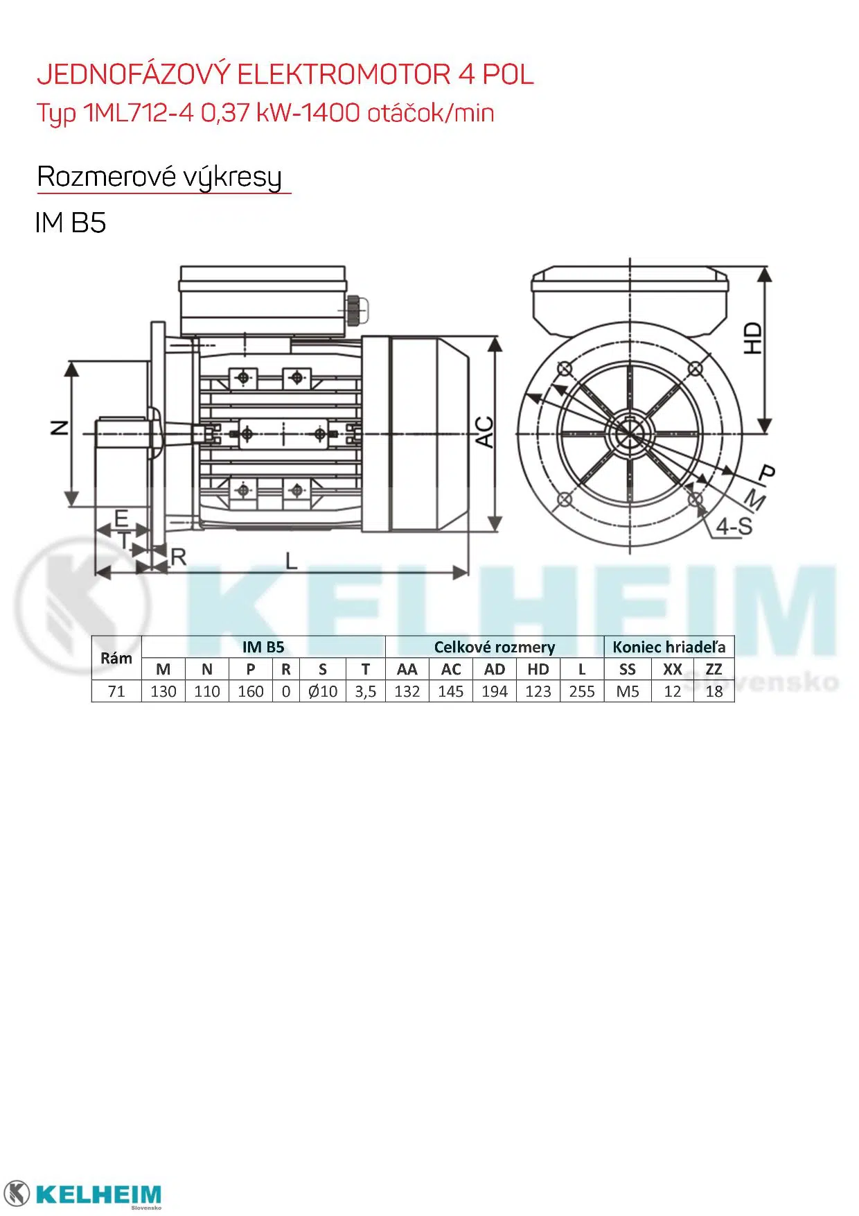 rozmerový výkres - jednofázový elektromotor 0,37kw ML712-4