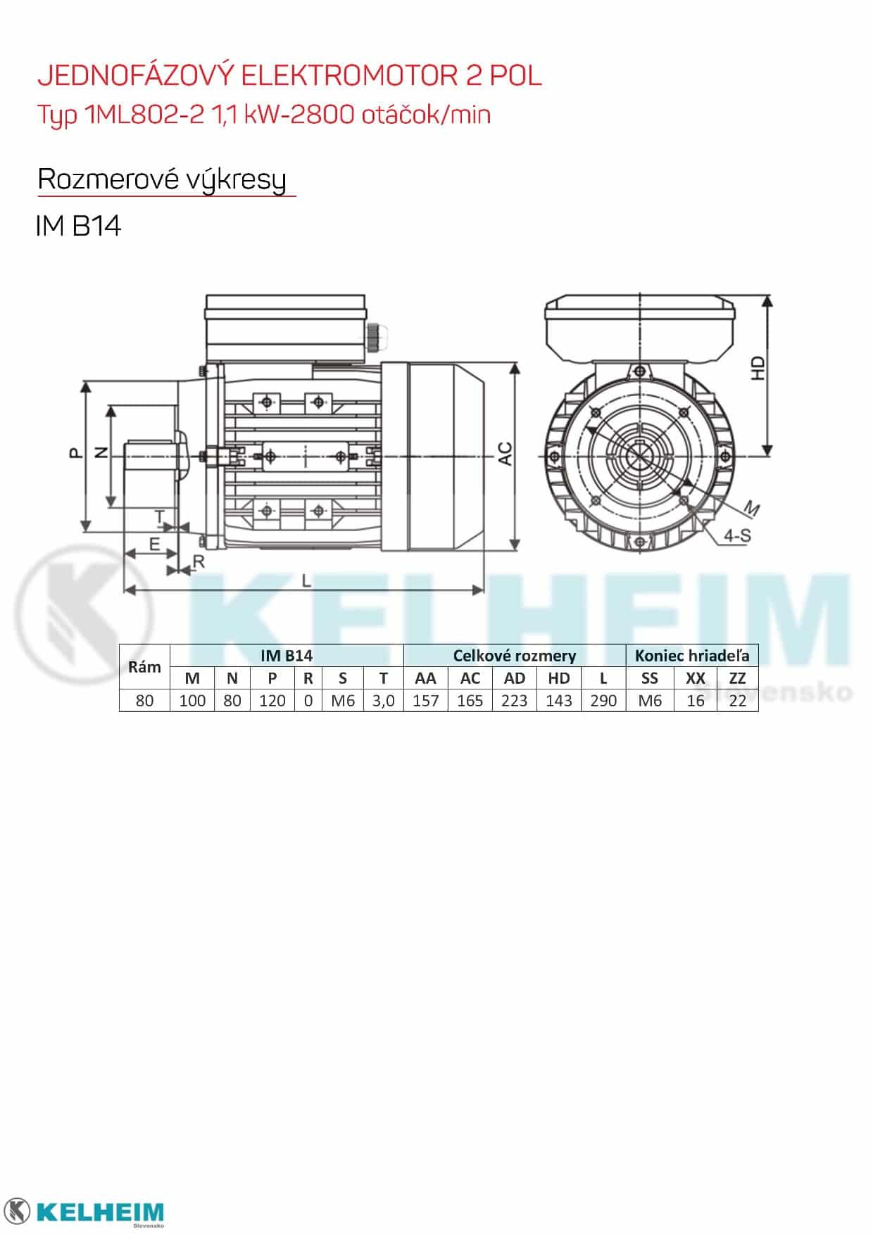 rozmerový výkres - jednofázový elektromotor 1,1kw ML802-2