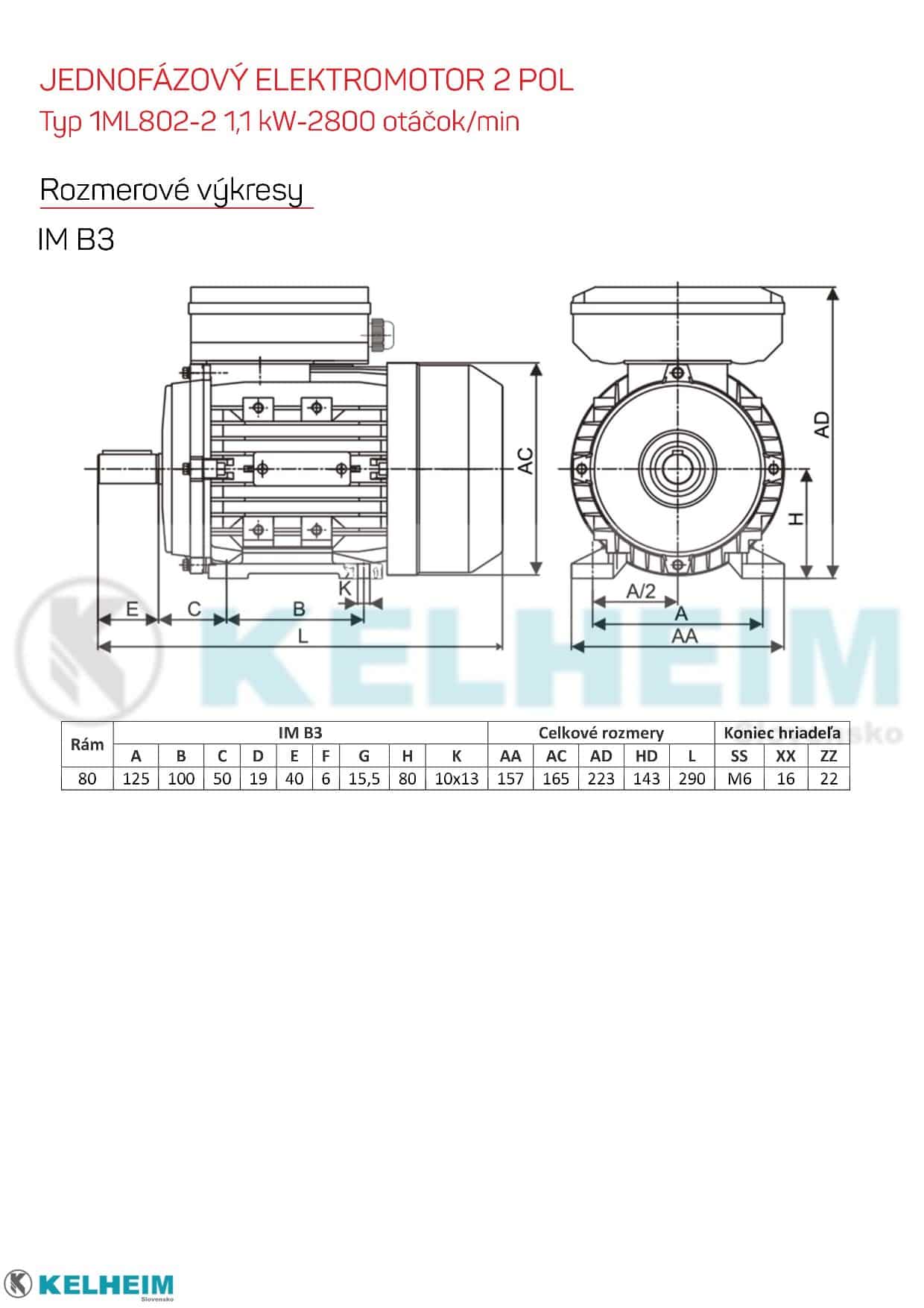 rozmerový výkres - jednofázový elektromotor 1,1kw ML802-2