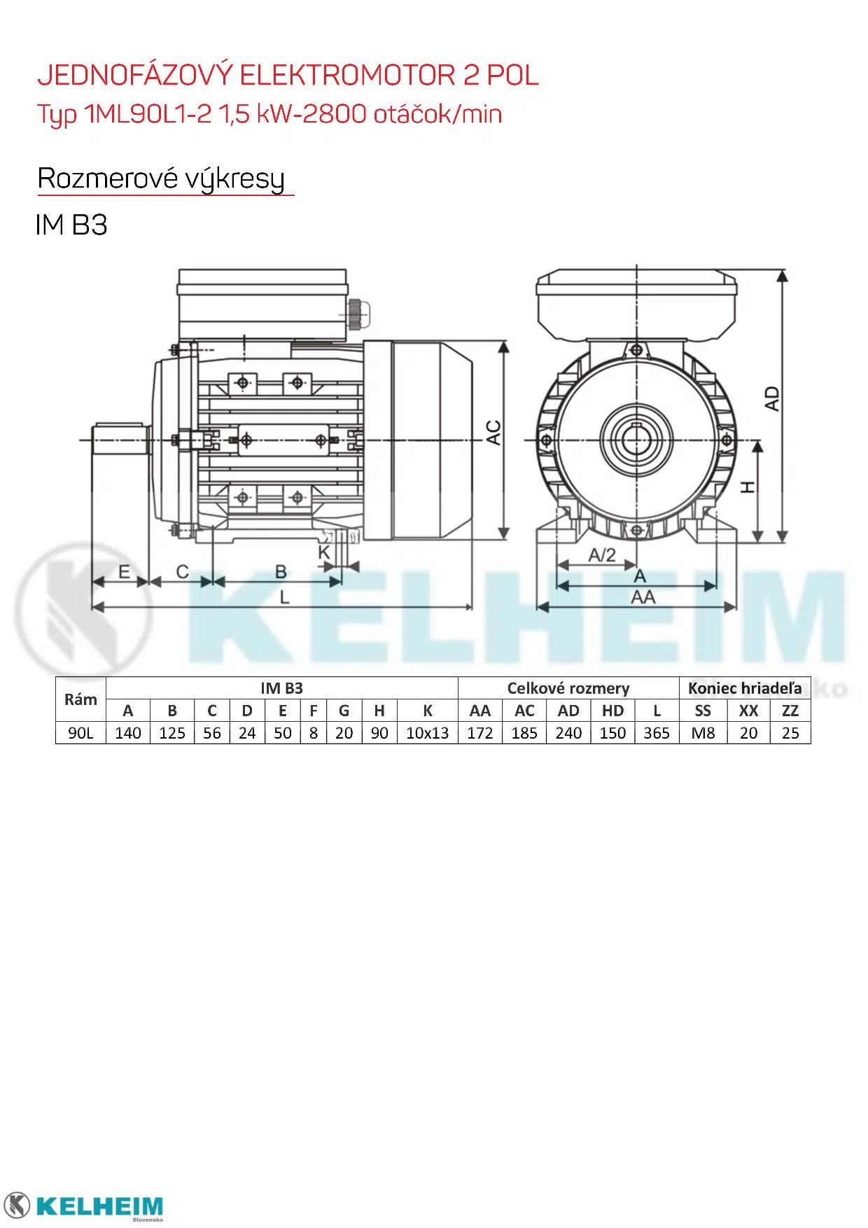 rozmerový výkres - jednofázový elektromotor 1,5kw ML90L1-2