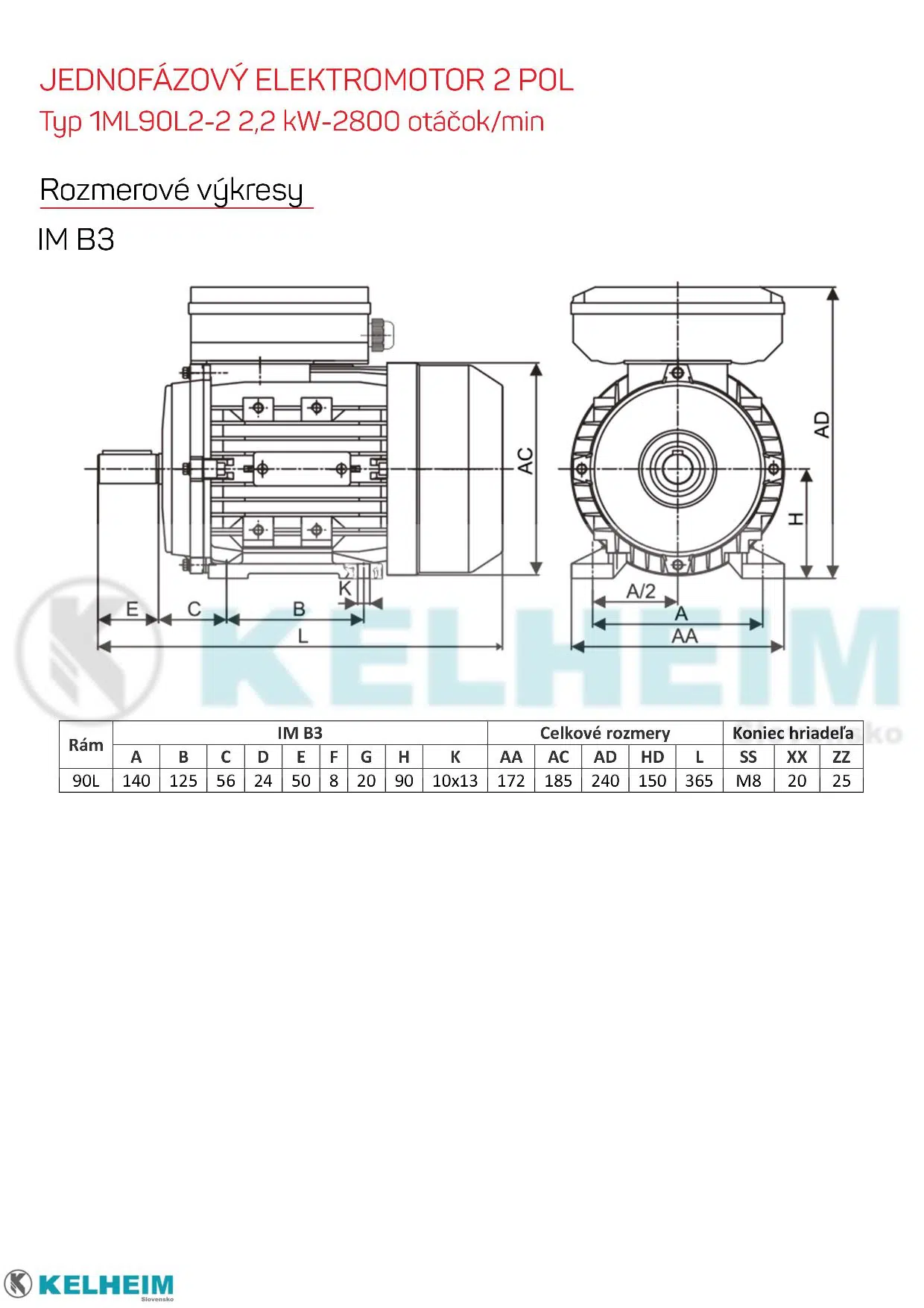 rozmerový výkres - jednofázový elektromotor 2,2kw ML90L2-2