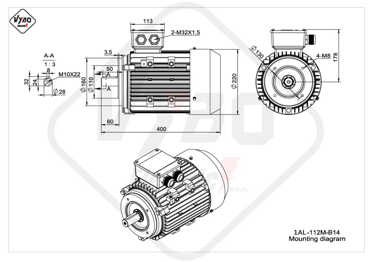 rozmerový výkres elektromotor 1AL-100L-B14