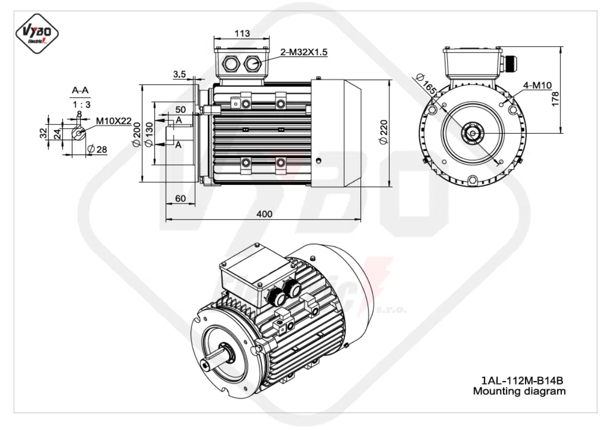 rozmerový výkres elektromotor 1AL-100L-B14B