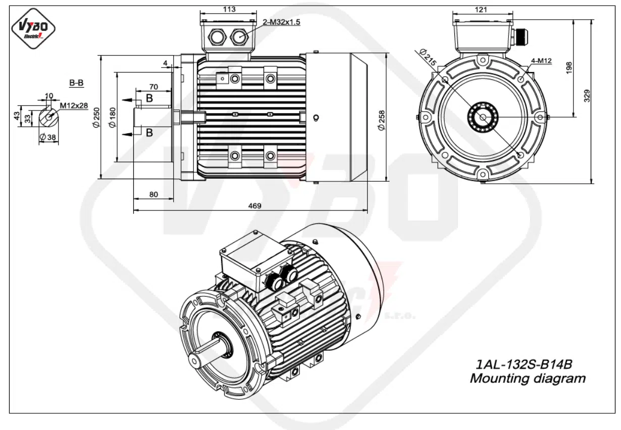 rozmerový výkres elektromotor 1AL-132S-B14B