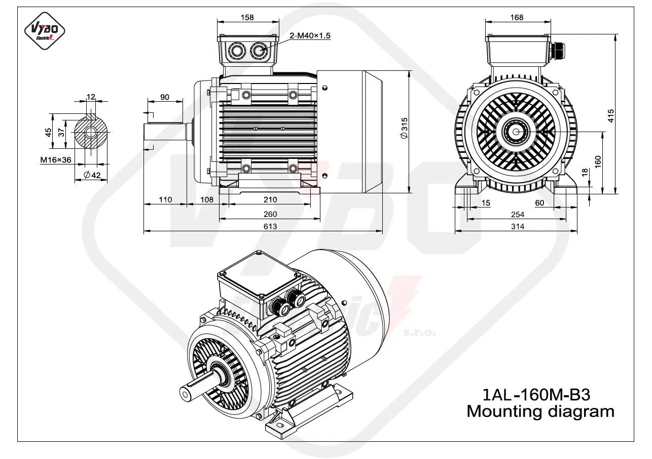 rozmerový výkres elektromotor 1AL-160M-B3