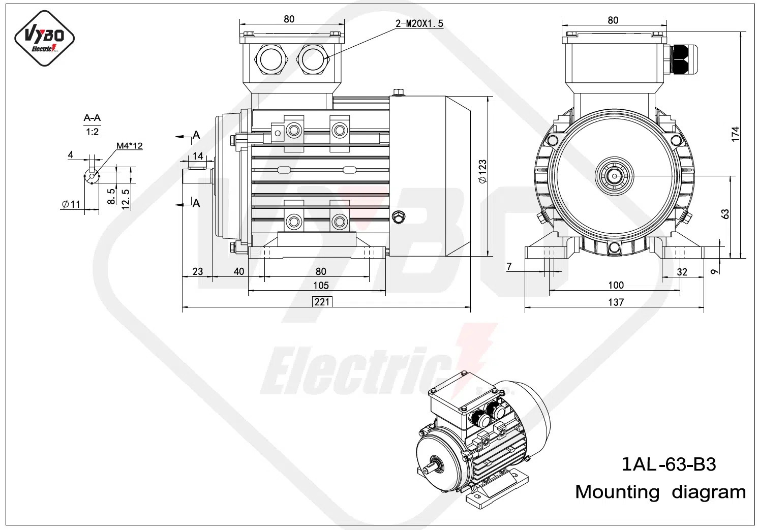 rozmerový výkres elektromotor 1AL-63-B3