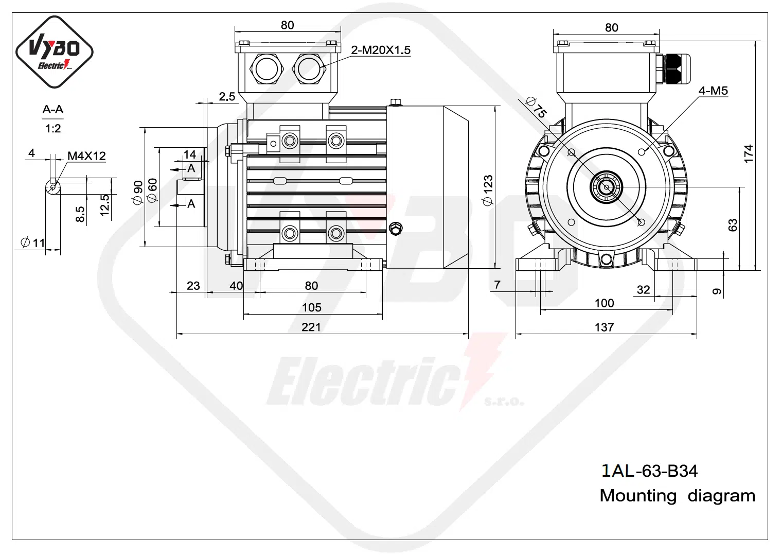 rozmerový výkres elektromotor 1AL-63-B34