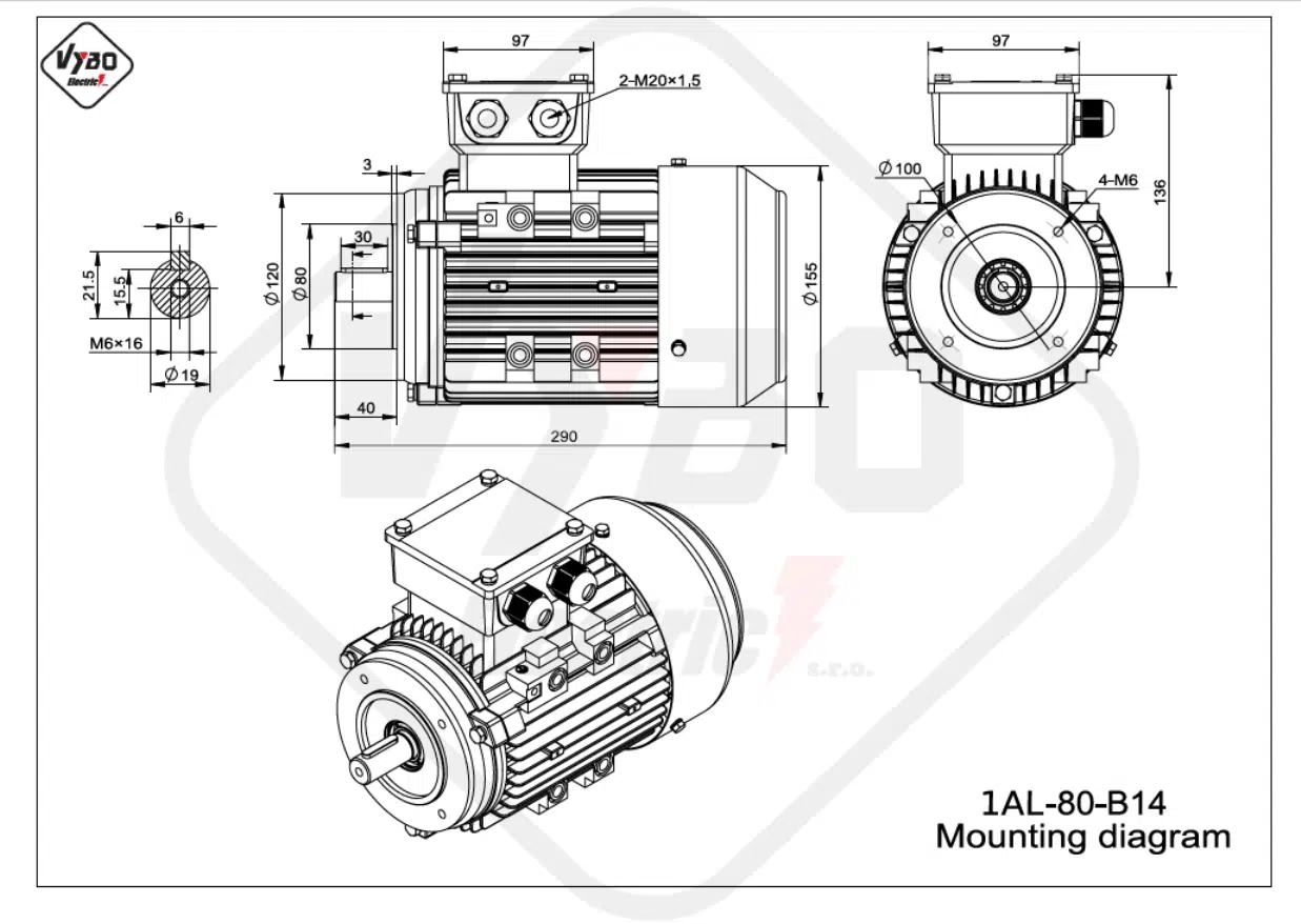 rozmerový výkres elektromotor 1AL-80-B14