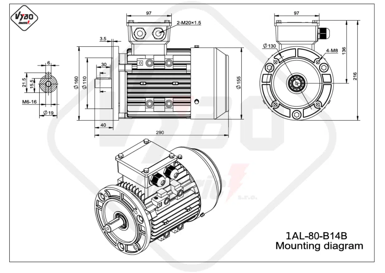 rozmerový výkres elektromotor 1AL-80-B14B