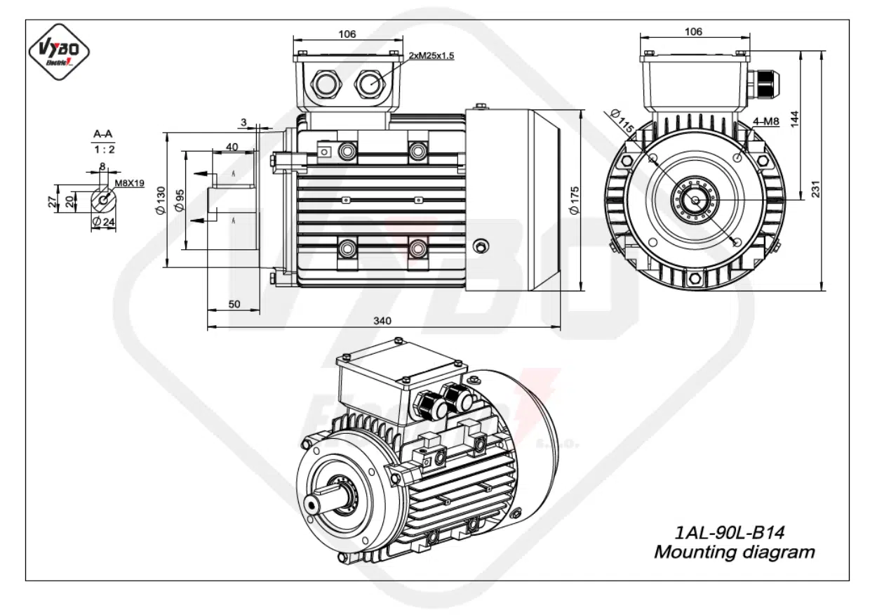 rozmerový výkres elektromotor 1AL-90L-B14