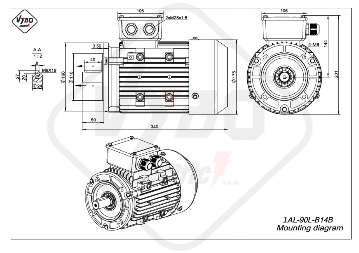 rozmerový výkres elektromotor 1AL-90L-B14B